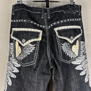 Victorious Urban Couture Y2K Rhinestone Wings Sz 36 Baggy Denim Jeans
